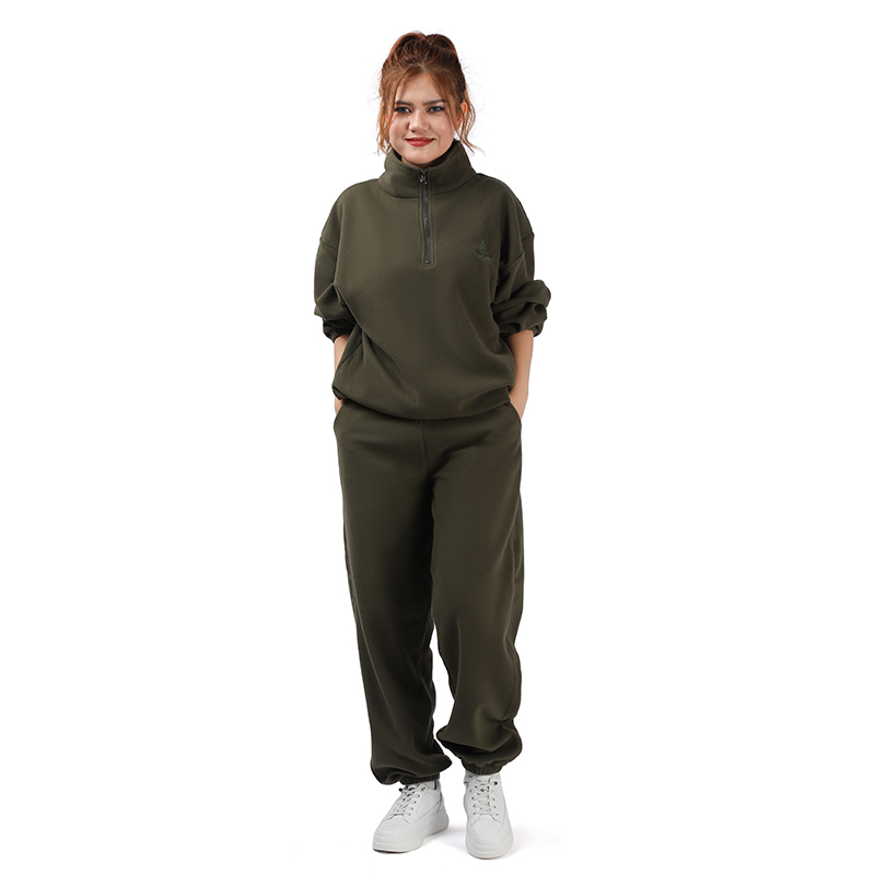 Olive green plus size women's fleece tracksuit with half-zip sweatshirt and cuffed sweatpants