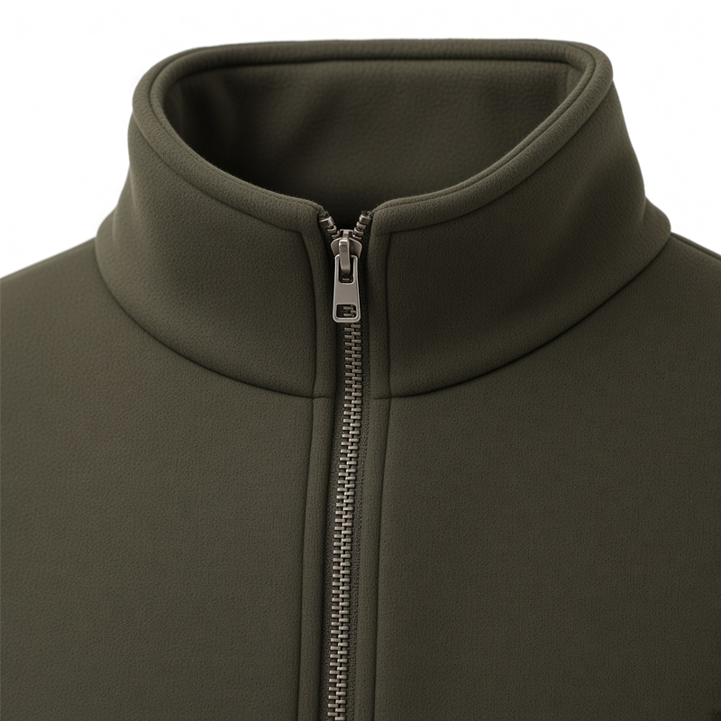 Olive green fleece half-zip pullover stand collar and zipper detail close-up