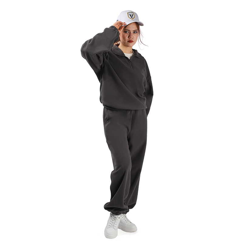 Plus size dark brown fleece tracksuit with half-zip sweatshirt cuffed sweatpants white cap and sneakers