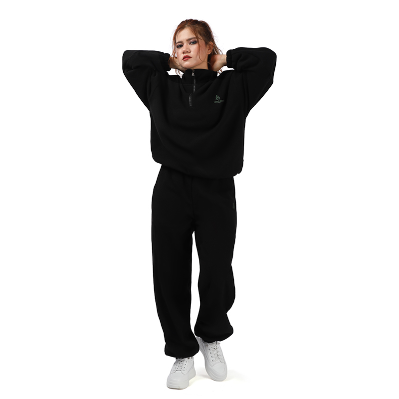 Black plus size fleece loungewear set with half-zip sweatshirt and cuffed sweatpants