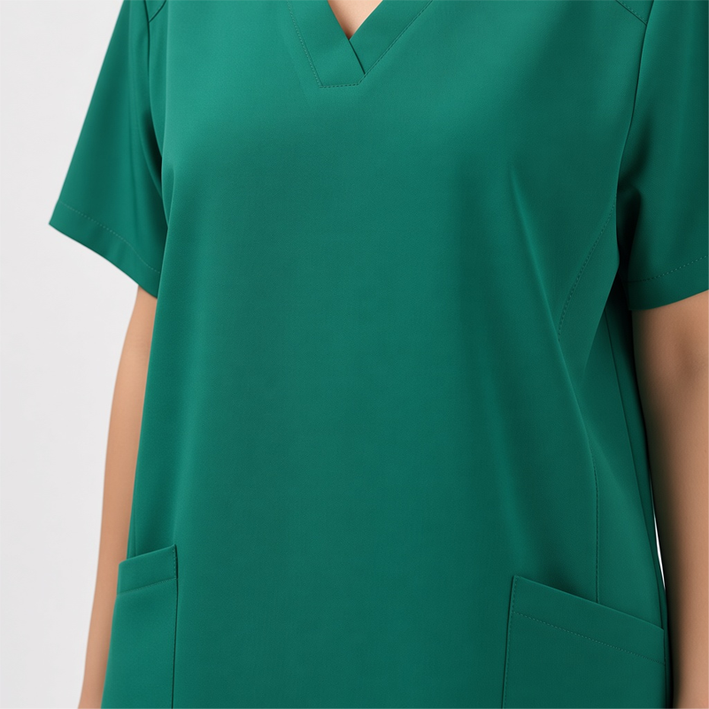 Green V-neck scrub top detail with front pockets and short sleeves for medical uniform
