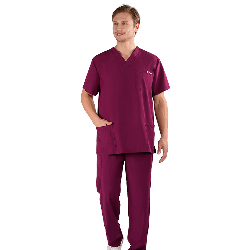 Burgundy men medical suit V-neck scrub top and pants for healthcare professionals