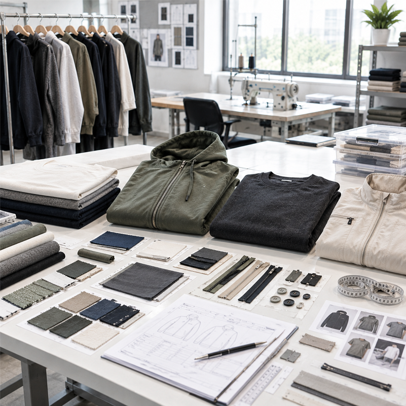 Low MOQ apparel development studio: hoodie, sweatshirt, fabrics, and tech packs for small batch startup production.