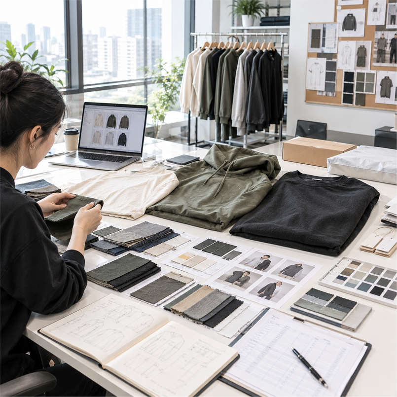 Startup apparel development: low MOQ sampling, fabric review, and small batch testing for new collections.