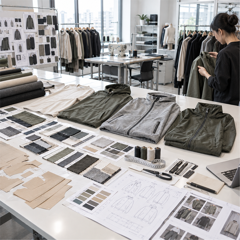 Small batch apparel development: samples, fabrics, tech packs, and garment fitting for low MOQ production.