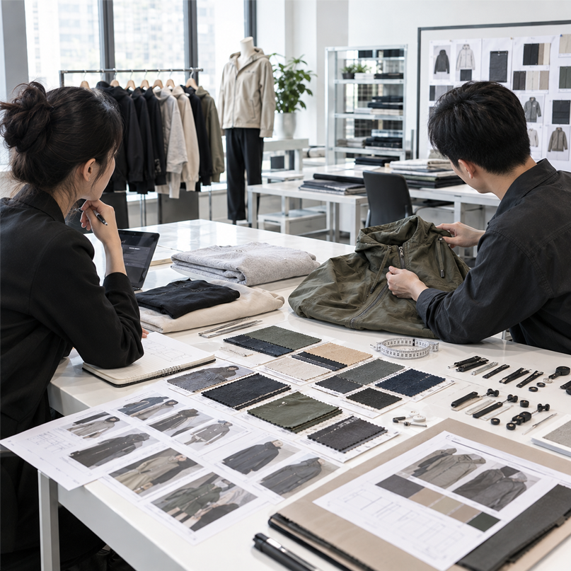 Startup apparel team reviewing fabrics, samples, and tech packs with manufacturer guidance for low MOQ production.