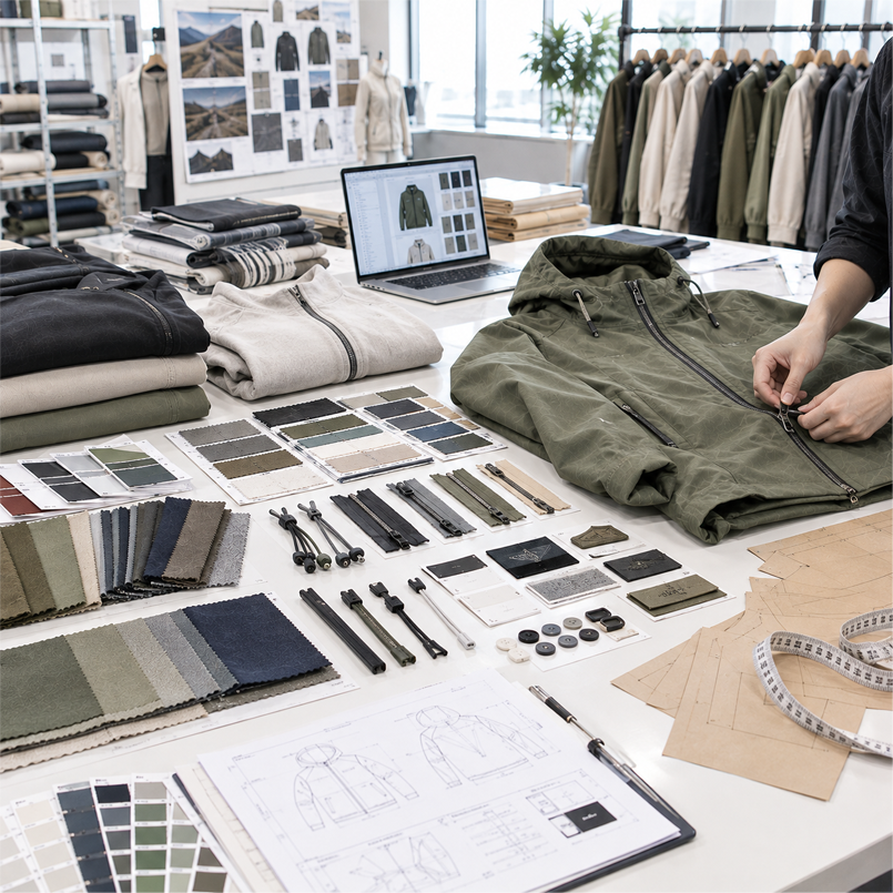 Custom low MOQ apparel development: fabrics, hardware, tech packs, and hoodie sampling with branded details.