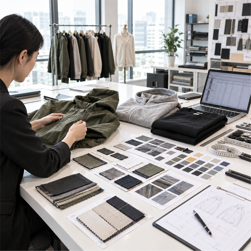 Reviewing garment samples, fabrics, and tech packs to evaluate low MOQ manufacturer quality and capability.