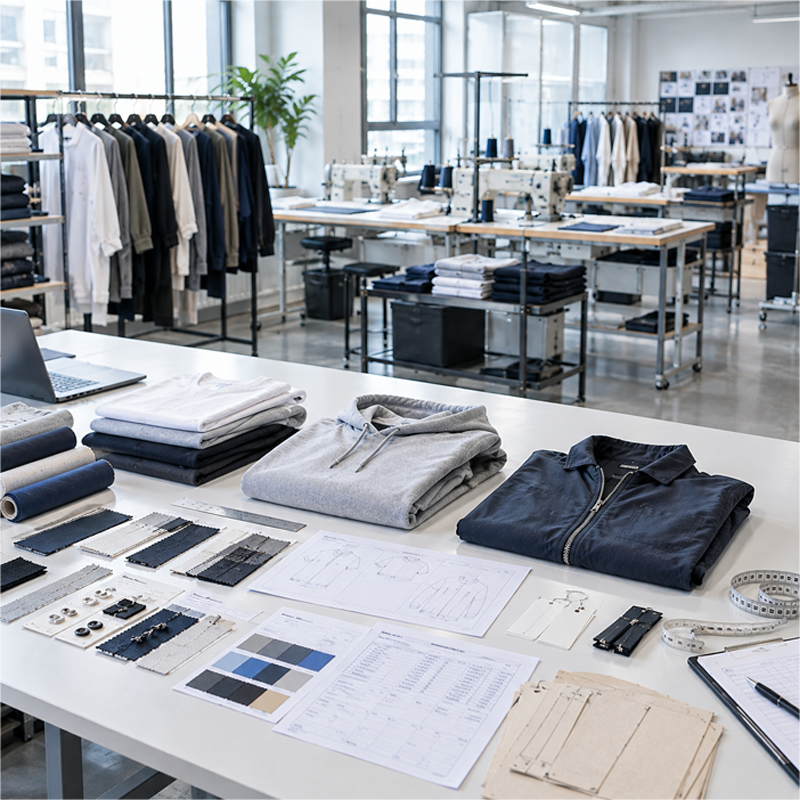 Low MOQ apparel production: professional samples, fabrics, and sewing in a clean studio. Small quantity, full capability.