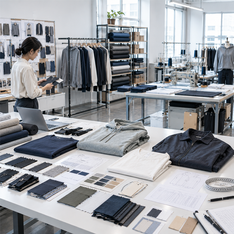 Flexible apparel supply chain: fabric, development samples, and production in one modern studio.