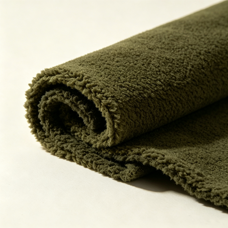 Olive 410gsm sherpa fleece roll with soft, warm texture for men’s jackets and outerwear.