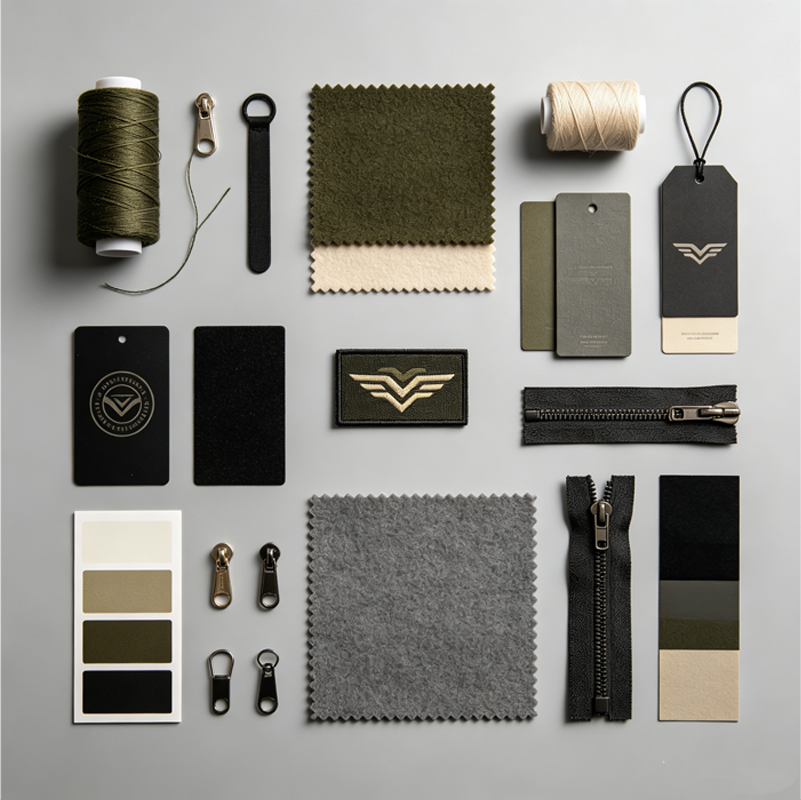 Custom trim and branding details for men’s fleece jackets: logos, labels, zippers, threads, and fabric swatches.