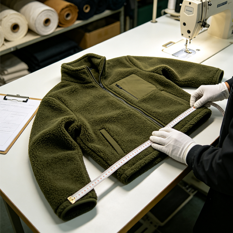 Measuring a sherpa fleece jacket during quality control and size grading at the factory.