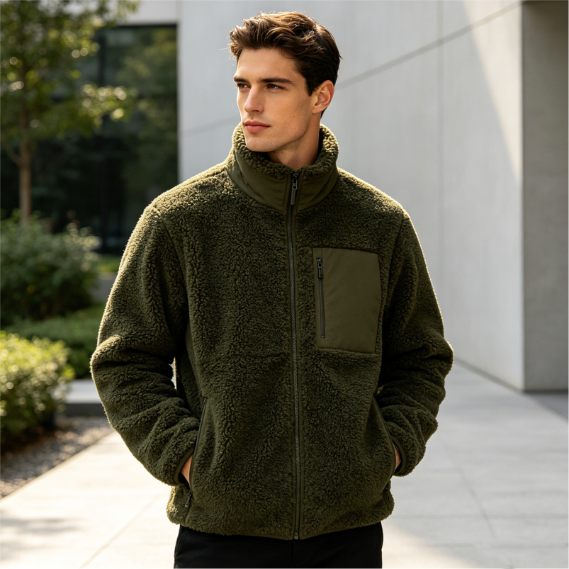 Model wearing olive sherpa fleece jacket, showcasing texture, warmth, and style for 2026 outerwear trends.