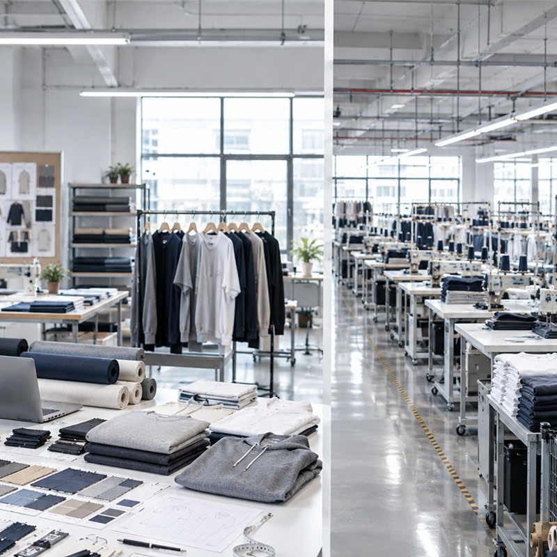 Apparel development studio versus scalable production floor—small-batch flexibility to efficient manufacturing.