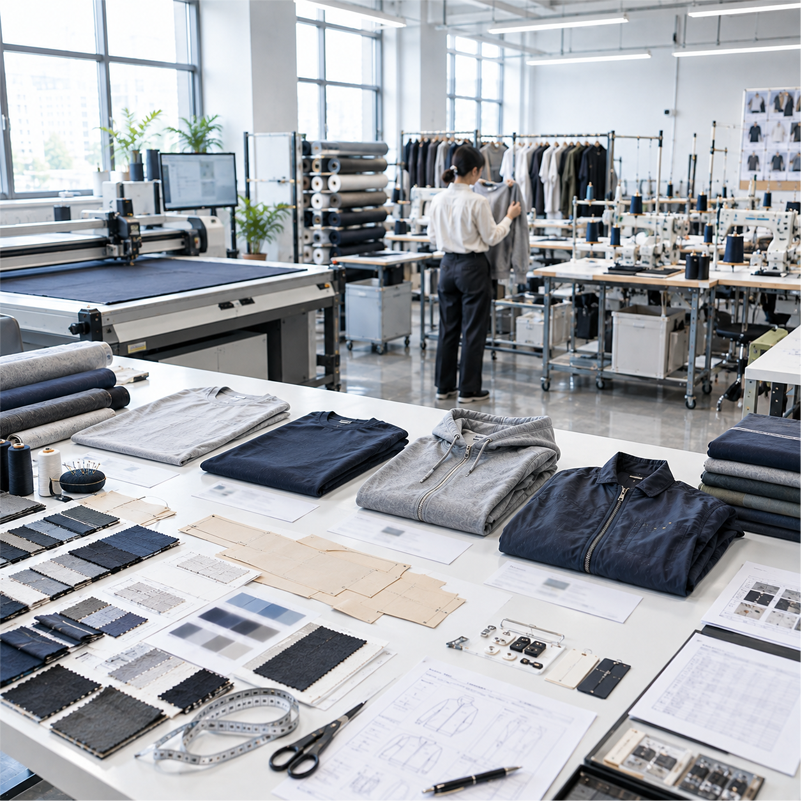 Modern apparel workshop: fabric swatches, patterns, samples, and finished garments on a dev table, with cutting and sewing in background. Small-batch production workflow.