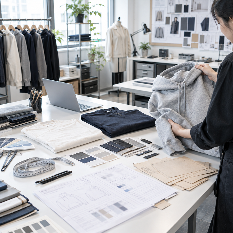 Startup apparel dev studio: designer reviewing hoodie sample with fabrics, patterns, tech pack. Professional small-batch support.