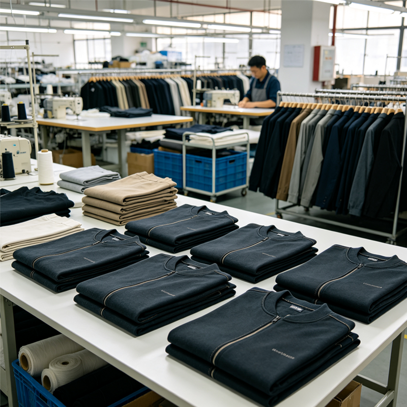 Small batch apparel grows into larger production: finished garments, sewing floor, scalable manufacturing.