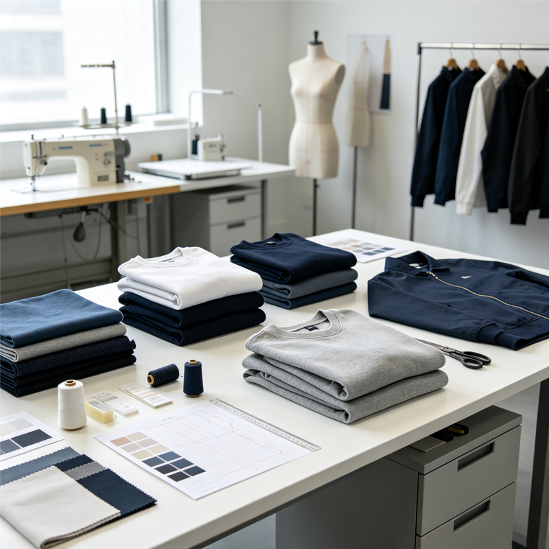 Organized small-batch apparel samples and fabrics in a professional workshop.