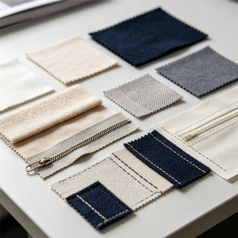 Close-up of fabric swatches, zipper trim, and stitching details for apparel product development.