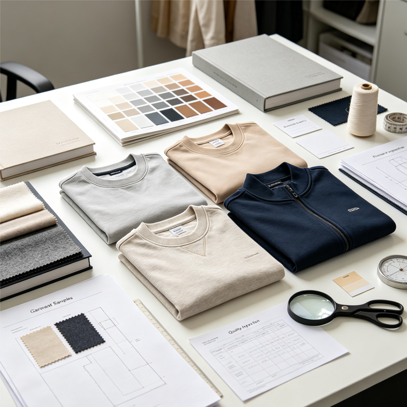 A workspace showcasing sample garments, fabric swatches, production documentation, quality inspection tools, and blank labels — representing a holistic evaluation of an apparel manufacturing partner beyond MOQ.