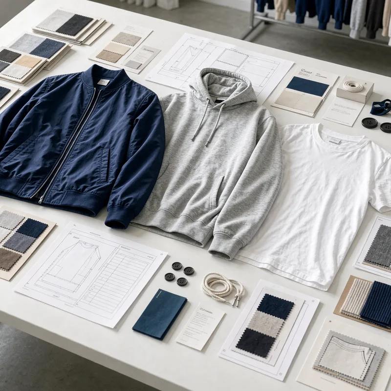 Custom clothing OEM garment samples, fabrics, trims and branding details