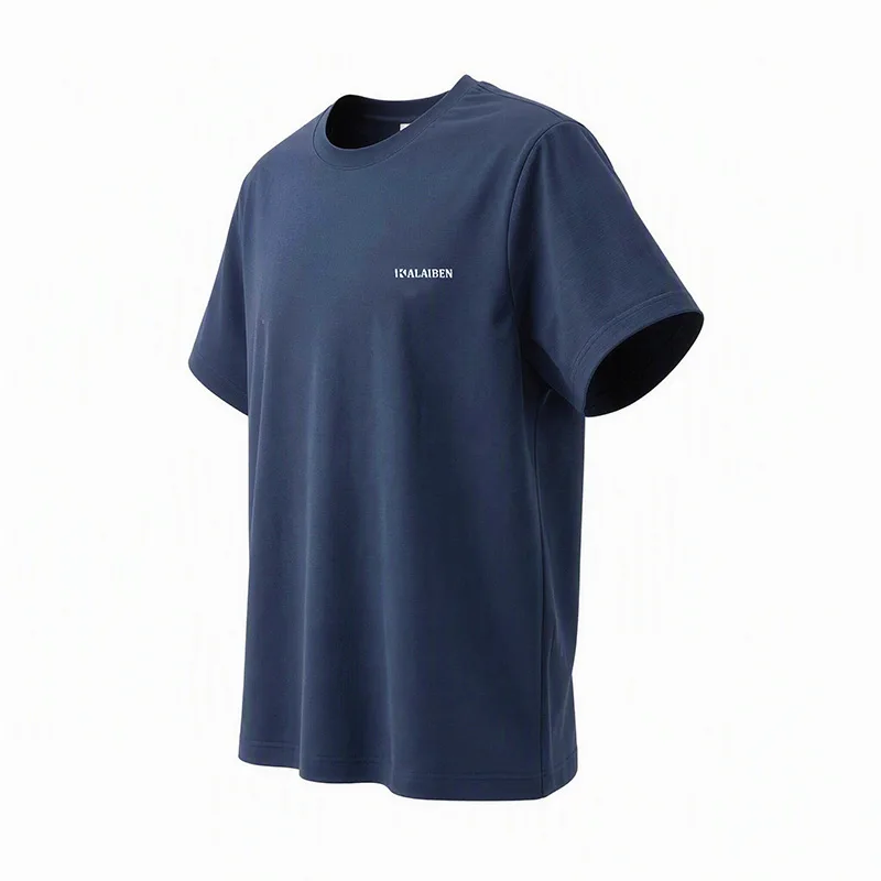 Flat lay of navy blue lyocell cotton men's crew neck short sleeve t-shirt — 160gsm cooling antibacterial fabric with mint microcapsule technology