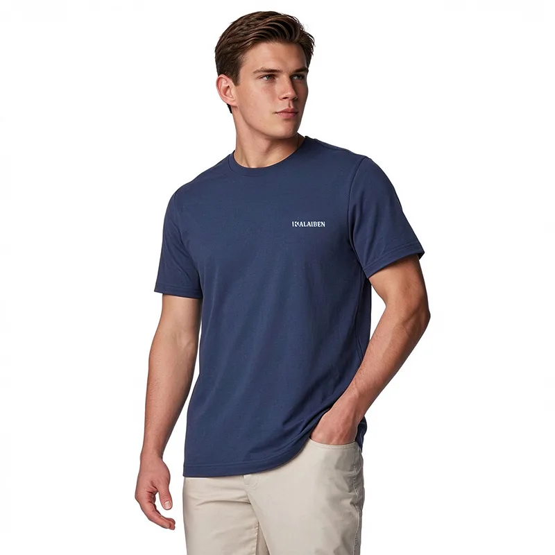 Male model wearing navy lyocell cotton men's short sleeve t-shirt with chest logo, pairing with beige chinos — antibacterial moisture-wicking fabric B2B