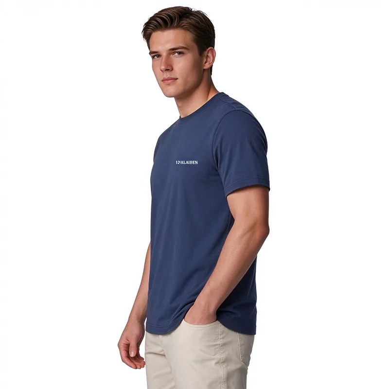 Side view of male model in navy lyocell cotton short sleeve t-shirt showing drape and fit — men's wholesale t-shirt manufacturer Kalaiben
