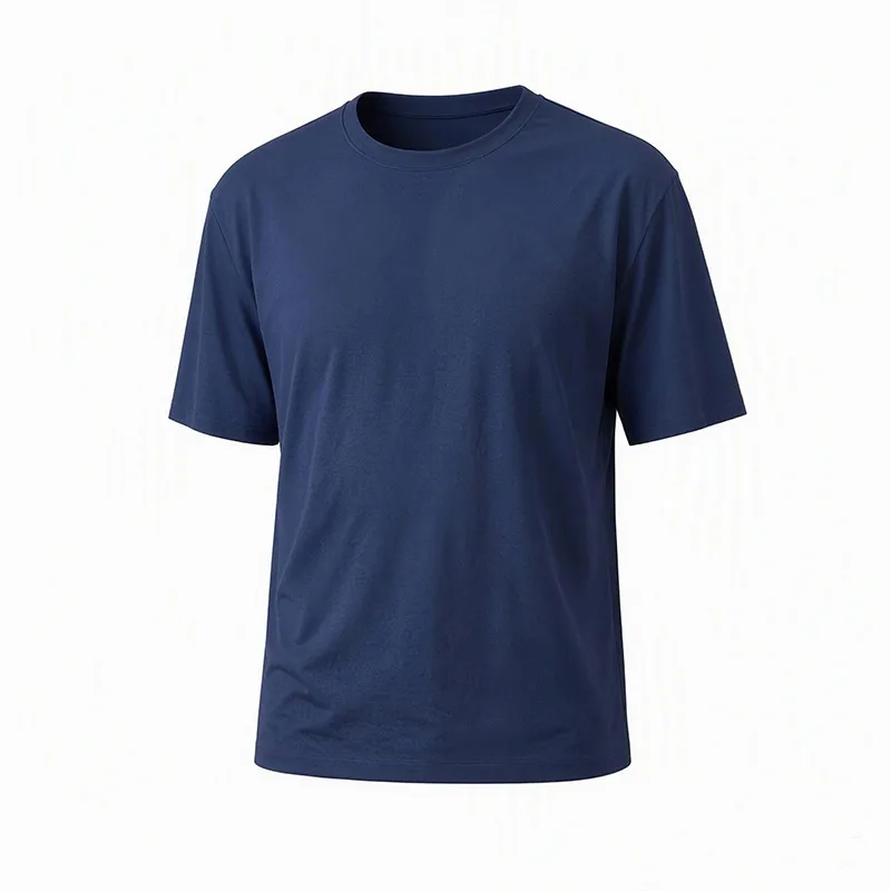 Navy blue UPF 50+ men's short sleeve t-shirt flat lay showing interlock knit structure and crew neck — 120gsm UV protection fabric manufacturer