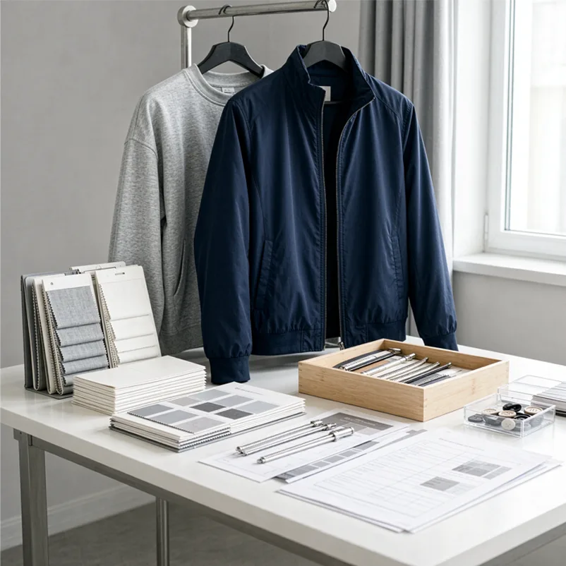 China ODM clothing factory reviewing garment samples and product development details