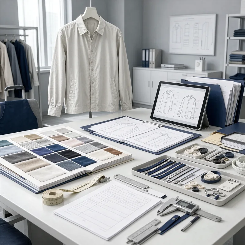 OEM ODM garment factory product development workspace with clothing samples